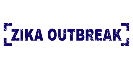 ZIKA OUTBREAK tag seal print with corroded style. Text tag is placed between corners. Blue vector rubber print of ZIKA OUTBREAK with dust texture.