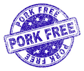 PORK FREE stamp seal imprint with grunge style. Designed with rounded rectangles and circles. Blue vector rubber print of PORK FREE tag with grunge texture.