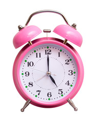 The pink clock on a white isolated background show 5 hour_