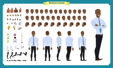 People character business set. Front, side, back view animated character. Black american Businessman character creation set.simple, face emotions, poses and gestures.flat isolated vector