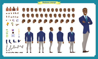 Obraz premium People character business set. Front, side, back view animated character. Black american Businessman character creation set.simple, face emotions, poses and gestures.flat isolated vector