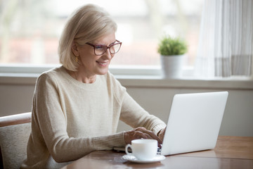 Happy aged woman in glasses working at laptop drinking tea, smiling senior female using computer browsing or surfing internet, reading news online, excited elderly lady texting message at pc at home