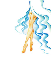 Slender female legs in light stockings and blue skirt.Watercolor painting on white background