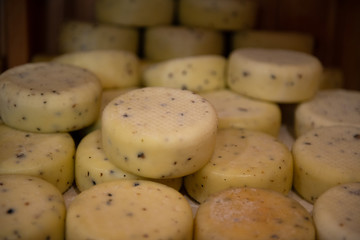 Heads of cheese of Pienza, Italia. Traditional tuscan cheese on the shelf  in market..