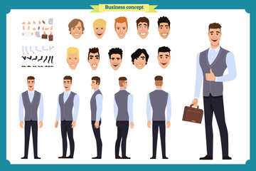 Business casual fashion. Front, side, back view animated character. Manager character constructor with various views, hairstyles, face emotions, poses and gestures.flat vector