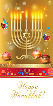 Happy Hanukkah Festival festive decoration gold menorah, baked donuts, wood dreidel on wood table, bokeh lights background vector greeting card, Israel.