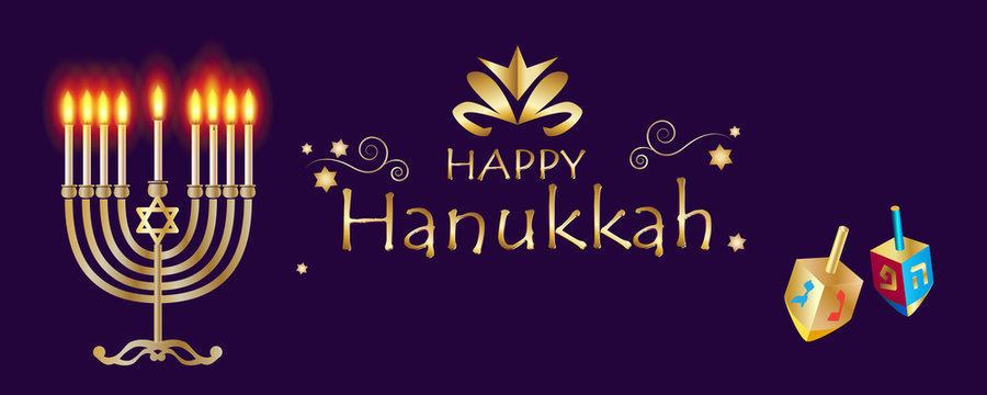 Happy Hanukkah Festival festive decoration gold menorah, baked donuts, wood dreidel on wood table, bokeh lights background vector greeting card, Israel.