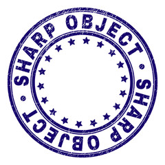 SHARP OBJECT stamp seal imprint with grunge texture. Designed with round shapes and stars. Blue vector rubber print of SHARP OBJECT tag with unclean texture.