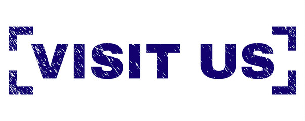 VISIT US label seal print with distress texture. Text label is placed between corners. Blue vector rubber print of VISIT US with scratched texture.