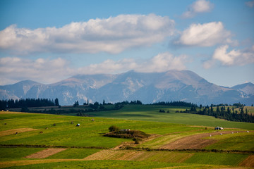 cloudy and misty Slovakian Western Carpathian Tatra Mountain skyline covered with forests and trees