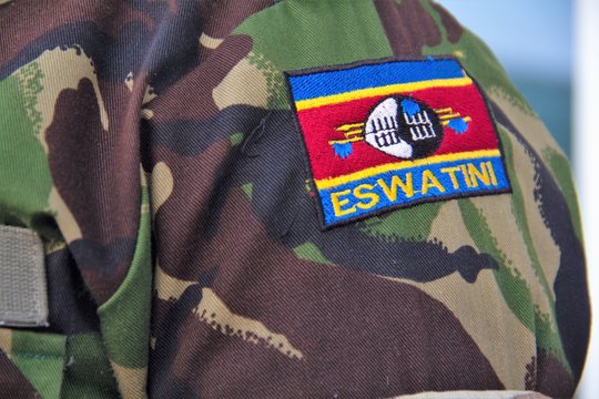 A soldier from the "Umbutfo Eswatini Defence Force" of Eswatini (the new name for Swaziland), wears the flag of Eswatini on the shoulder of his uniform.