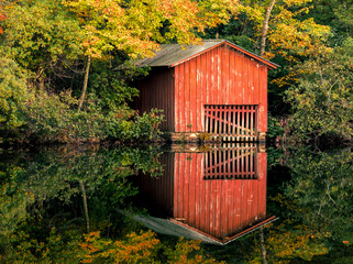 Red Boathouse reflection