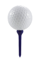 Golf ball on blue tee with clipping path