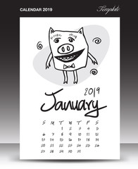 Pig calendar for 2019, Lettering calendar, January 2019 template, hand-drawn pig cartoon vector illustration Can be used for postcard, gift card, banner, poster, card and printable, china calendar