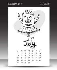 Pig calendar for 2019, Lettering calendar, July 2019 template, hand-drawn pig cartoon vector illustration Can be used for postcard, gift card, banner, poster, card and printable, china calendar