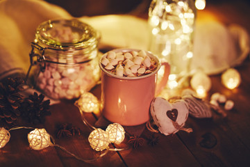 Mug with hot chocolate and marshmallows