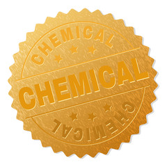 CHEMICAL gold stamp award. Vector golden award with CHEMICAL tag. Text labels are placed between parallel lines and on circle. Golden skin has metallic effect.