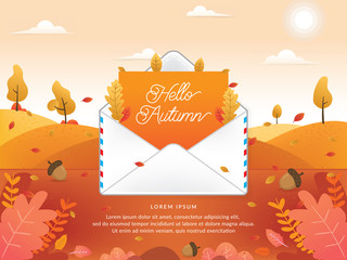 Mail envelope vector illustration. Electronic mail service illustration. Vector of Autumn season with email. Hello autumn, Autumn season - vector illustration