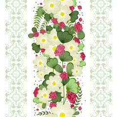 Embroidery colorful simplified  pattern of  flowers and leaves.  Vector    elements   for design. seamless  ornament. lace strip