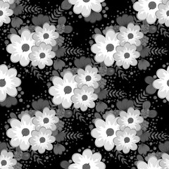 Embroidery colorful simplified  pattern of  flowers and leaves.  Vector    elements   for design. seamless  ornament ,black, White