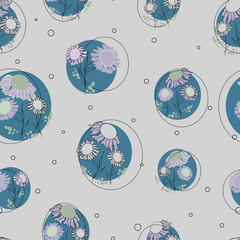Vector Grey Teal Floral Polka Dot Seamless Pattern