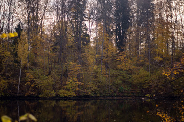 colorful sunset on the lake with water reflections and dramatic storm clouds above