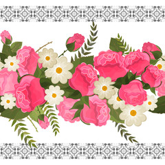 Embroidery colorful simplified  pattern of  flowers and leaves.  Vector    elements   for design. seamless  ornament. lace strip