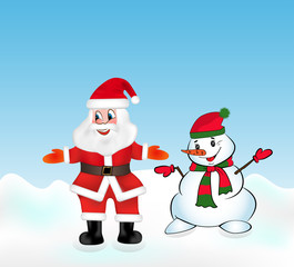 Santa Claus and Snowman welcomes guests. Christmas vector illustration.