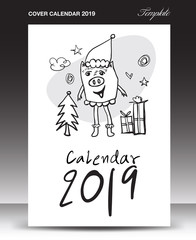 Cover design template cute Pig calendar for 2019, Lettering calendar, hand-drawn pig cartoon vector illustration Can be used for postcard, gift card, banner, poster, card and printable, china calendar