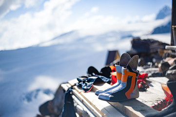 Drying shoes of climbers after climbing outside