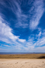 empty sea beach in spring with some birds and cargo ships on the horizon
