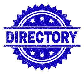 DIRECTORY stamp seal watermark with distress style. Blue vector rubber print of DIRECTORY caption with dust texture.