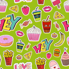 Patches seamless pattern with food. Modern wrapping paper. Textile teens print, stationery decor and wallpaper pattern design.