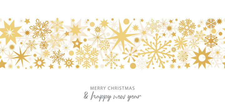 Golden and white seamless sparkling stars border, Christmas design for greeting card. Vector illustration, merry xmas snow flake banner