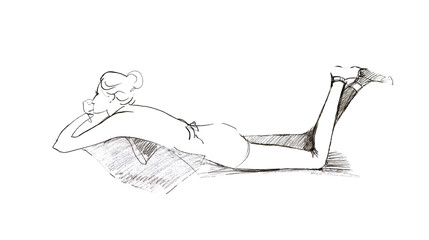 Glamor girl lying on the couch with legs raised on a white background. Sketch style illustration