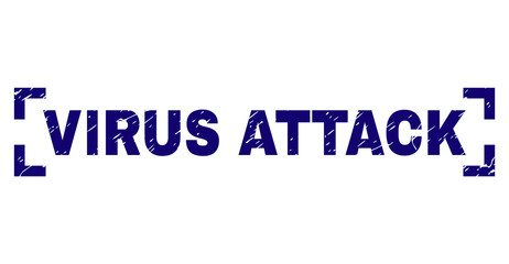 VIRUS ATTACK tag seal print with distress texture. Text title is placed between corners. Blue vector rubber print of VIRUS ATTACK with dirty texture.