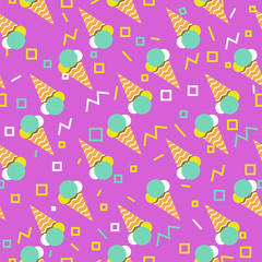 Vector seamless pattern with ice cream on lilac backdrop. Background for textile and fabric. Creative colorful wallpaper. EPS10.