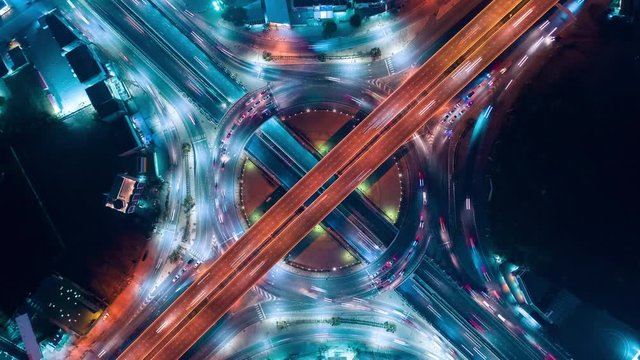 Time lapse,Hyper lapse , Of traffic on city streets in Thailand. Aerial view and top view Expressway with car lots.