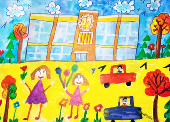 Children drawing happy family, house, car