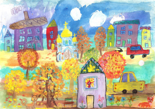 Watercolor painting golden autumn, buildings, cars