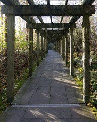 A stone path under a pergola curves to the left in the distance