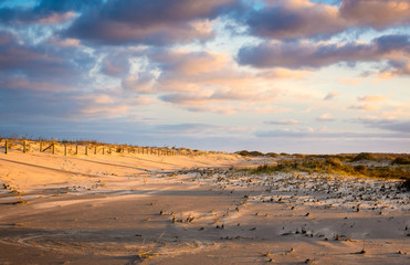 Fototapeta na wymiar Sand dunes and clouds at sunrise, Assateague Island National Seashore, Maryland