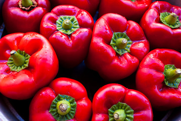 Top view of many red pappers. Paprika macro pattern. Fresh vegetable organic.