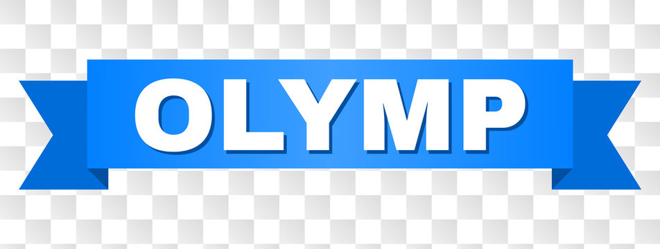 OLYMP text on a ribbon. Designed with white caption and blue tape. Vector banner with OLYMP tag on a transparent background.