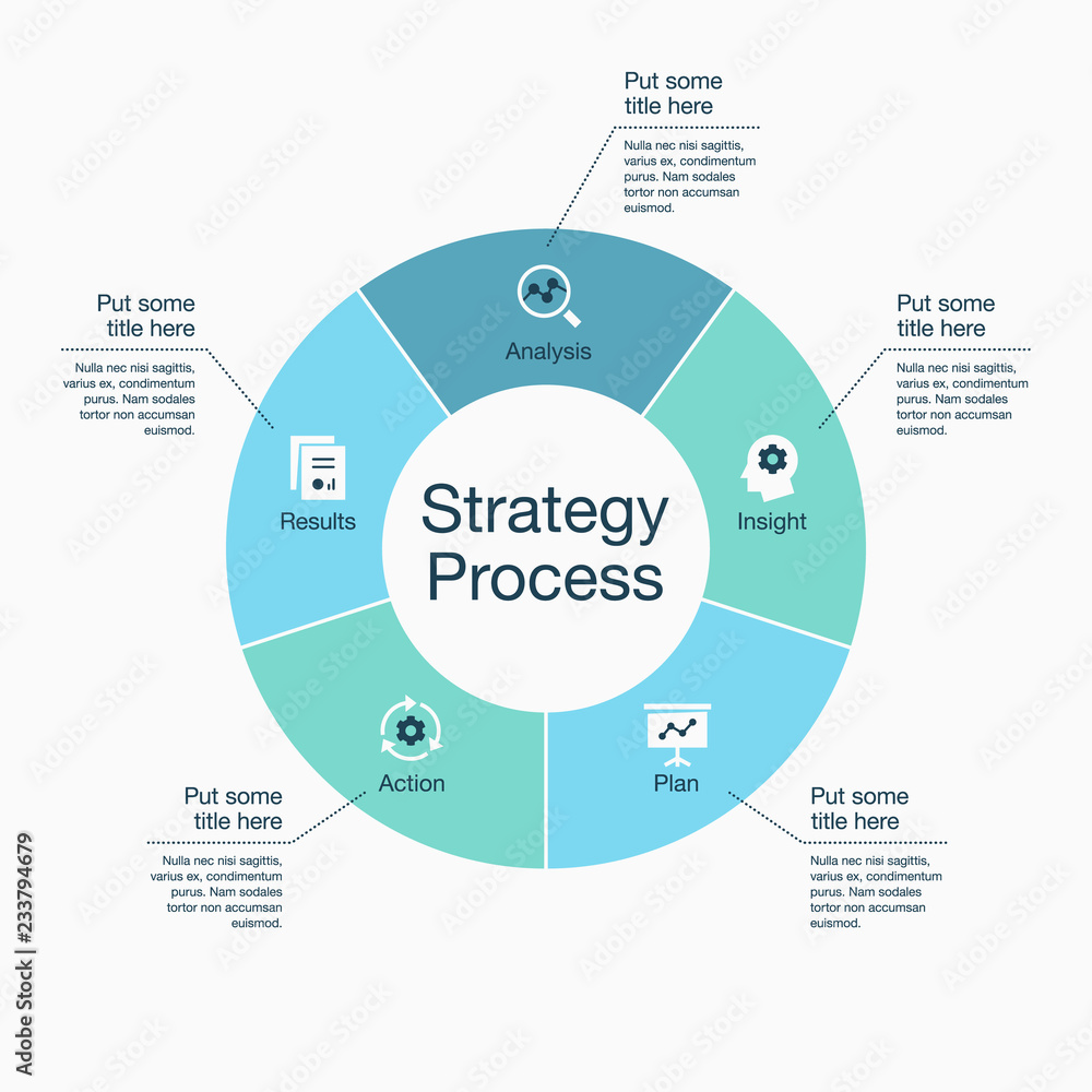 Leinwandbilder infographic for strategy process visualization template with colorful pie chart and icons, isolated 