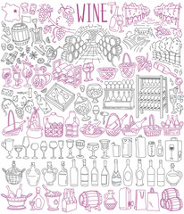 Wine doodle set. Wine bottles, barrels, glasses, packaging. Winery, winemaking, viticulture and vineyards. Hand drawn vector illustration isolated on white background