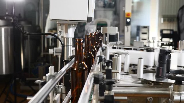 Technological line in brewery. Empty glass bottles on conveyor being transported. Technological process of beer production. 4k
