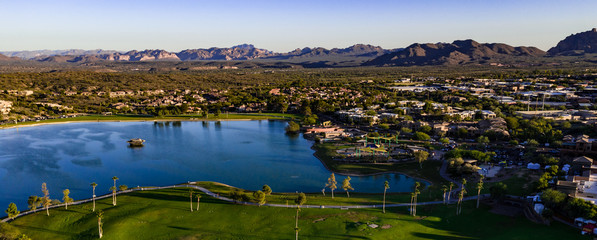Aerial, drone view of Fountain Hills, Arizona and the surrounding mountains and hills