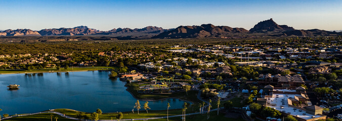 Aerial, drone view of Fountain Hills, Arizona and the surrounding mountains and hills