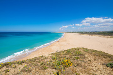 Fototapeta na wymiar above landscape of beautiful wild Beach of Trafalgar lighthouse, also known as Zahora or Cala Isabel, in Barbate, Cadiz, Andalusia, Spain